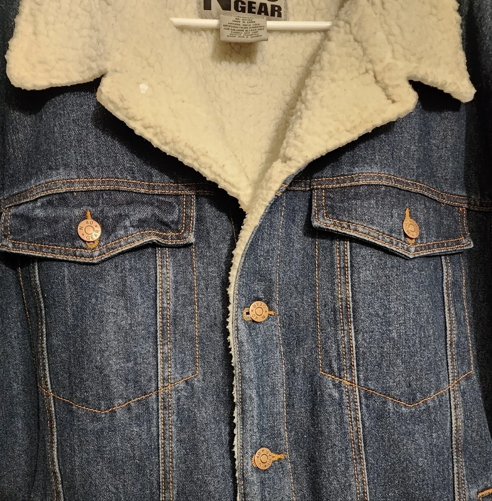 North 40 Gear Coat Sherpa Lined Denim Trucker Jacket Blue Jean Button Up Vintage